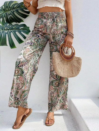 Women's Boho Wide Leg Pants with Paisley Pattern and Elastic Waist - 4