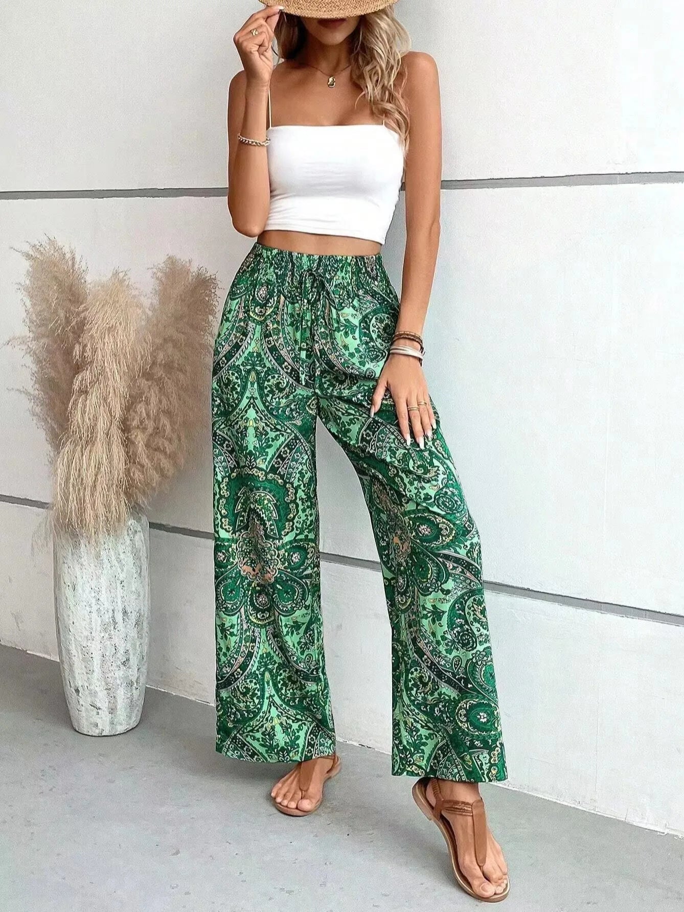 Femme Pantalon Large Boho à Motif Paisley et Taille Élastique