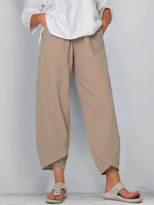 Femme Pantalon Large Raccourci avec Ourlet Croisé et Poches