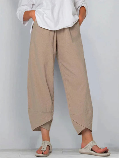 Women’s Cropped Wide Pants with Crossed Hem and Pockets - 2