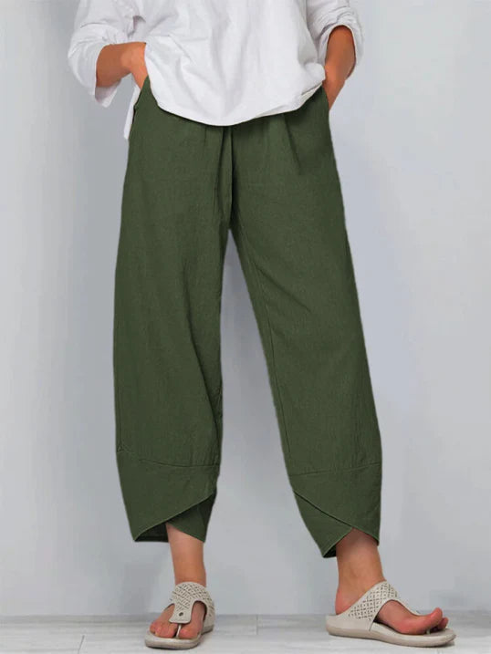 Women’s Cropped Wide Pants with Crossed Hem and Pockets - 4