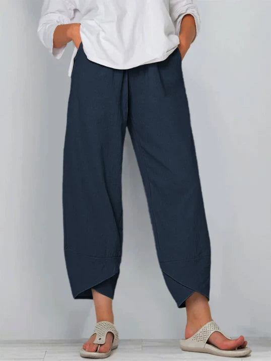 Femme Pantalon Large Raccourci avec Ourlet Croisé et Poches