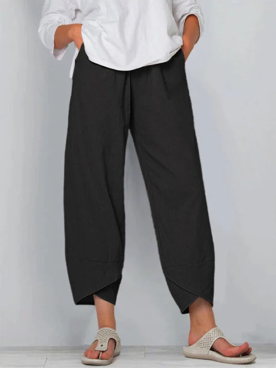 Femme Pantalon Large Raccourci avec Ourlet Croisé et Poches