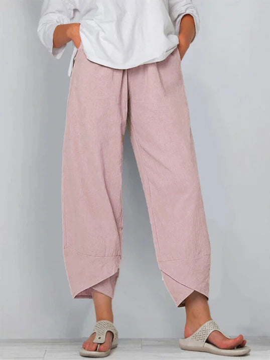 Women’s Cropped Wide Pants with Crossed Hem and Pockets - 8