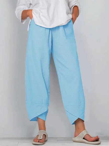 Women’s Cropped Wide Pants with Crossed Hem and Pockets - 9