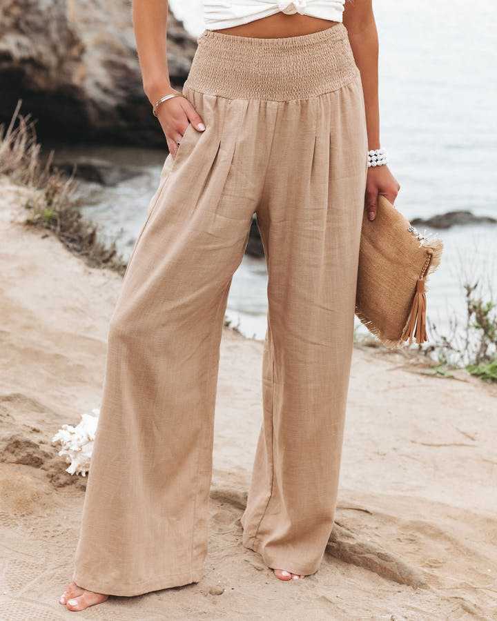Femme Pantalon Large Taille Haute Froncée avec Poches