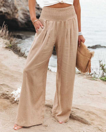 Femme Pantalon Large Taille Haute Froncée avec Poches