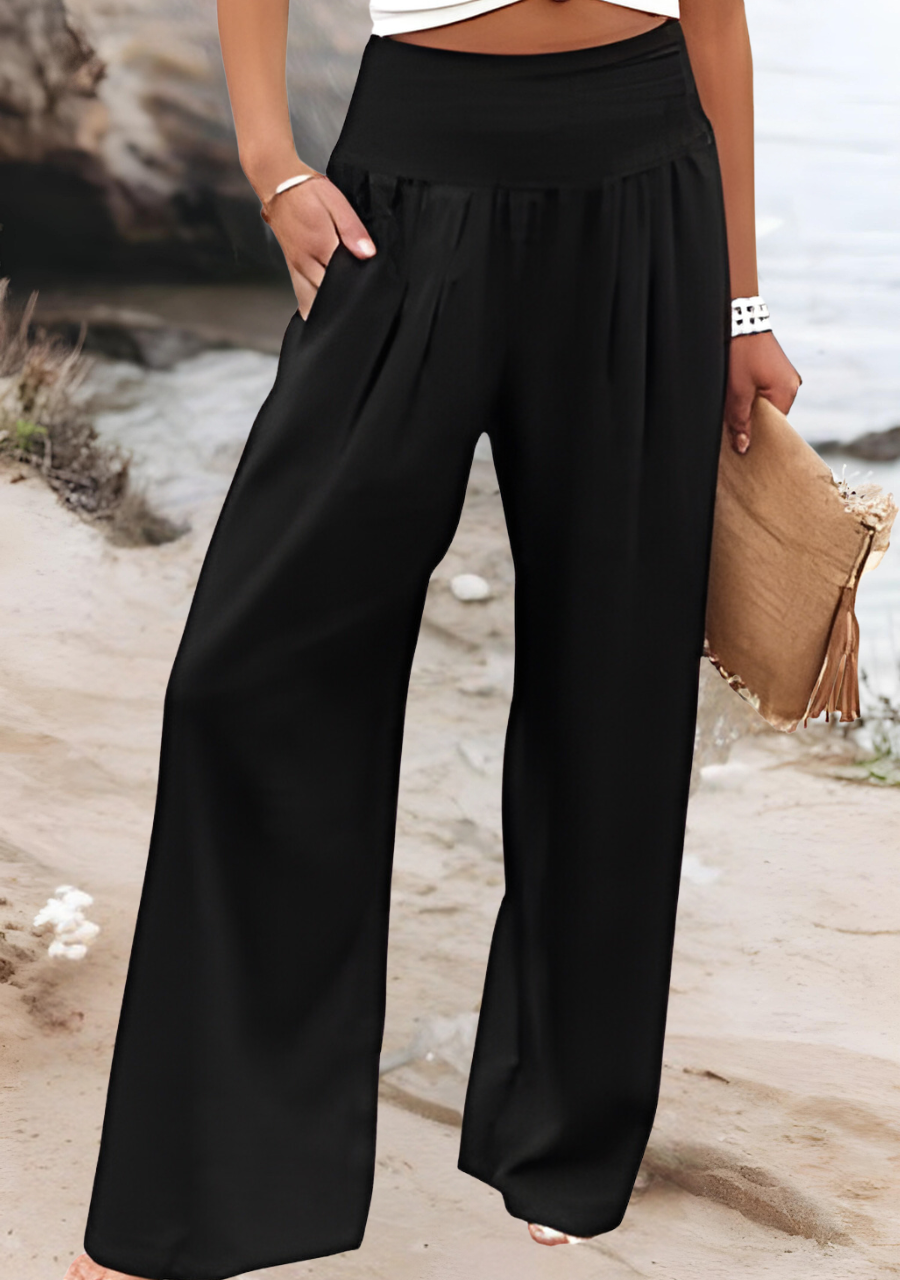 Femme Pantalon Large Taille Haute Froncée avec Poches