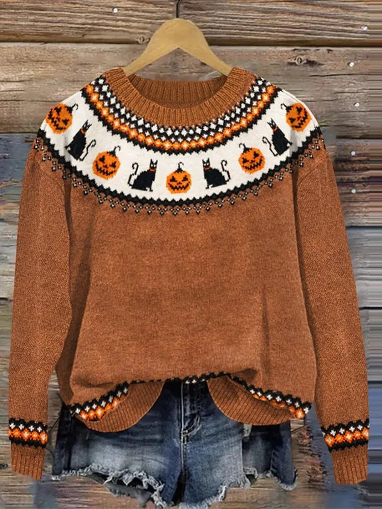 Femme Pull Col Rond Manches Longues Motif Fair Isle Automne et Halloween