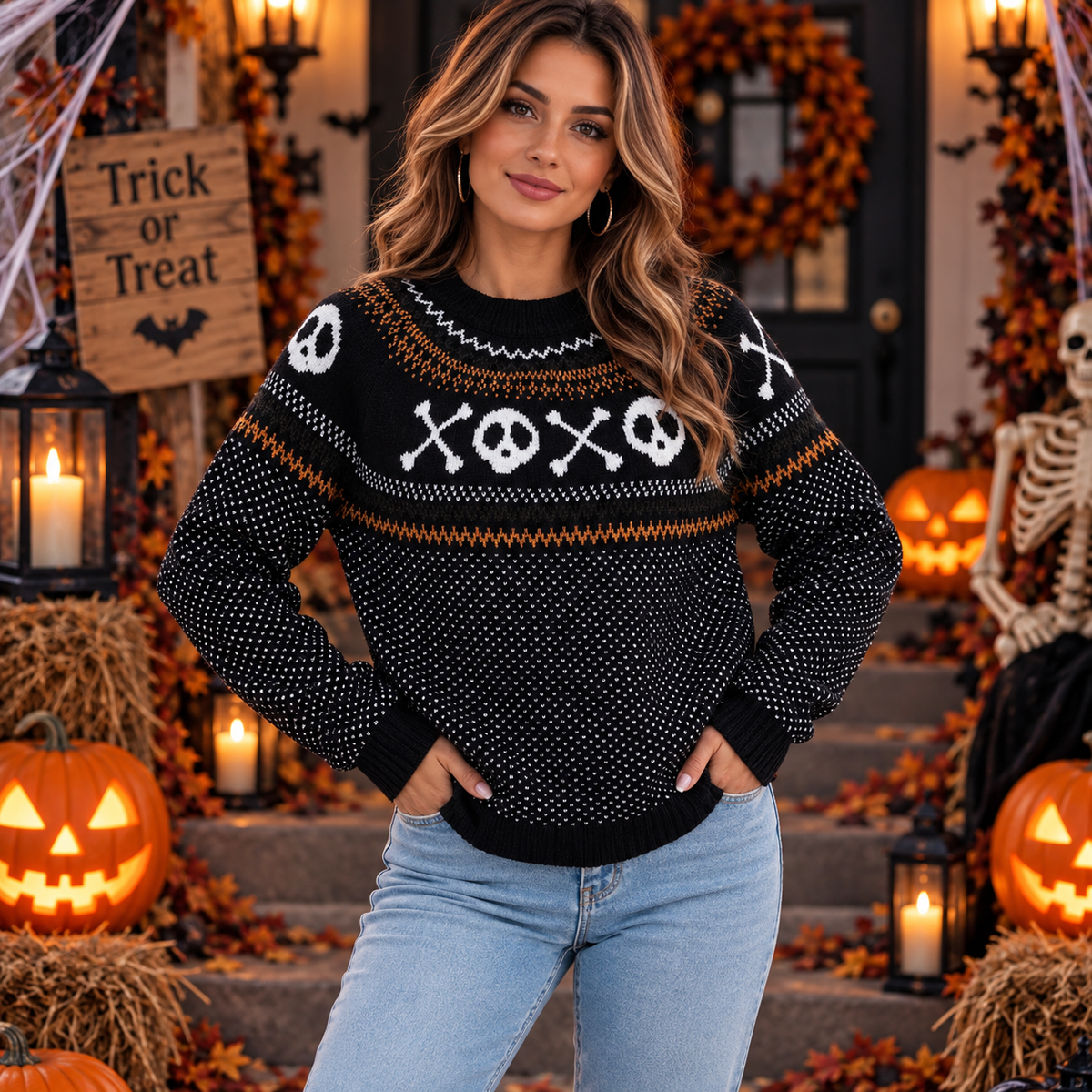 Femme Pull Halloween Motif Crâne et Fantôme Col Rond Manches Longues Coupe Décontractée
