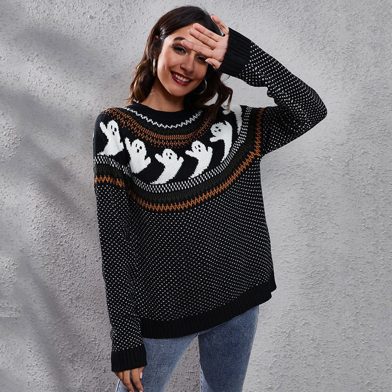 Femme Pull Halloween Motif Crâne et Fantôme Col Rond Manches Longues Coupe Décontractée