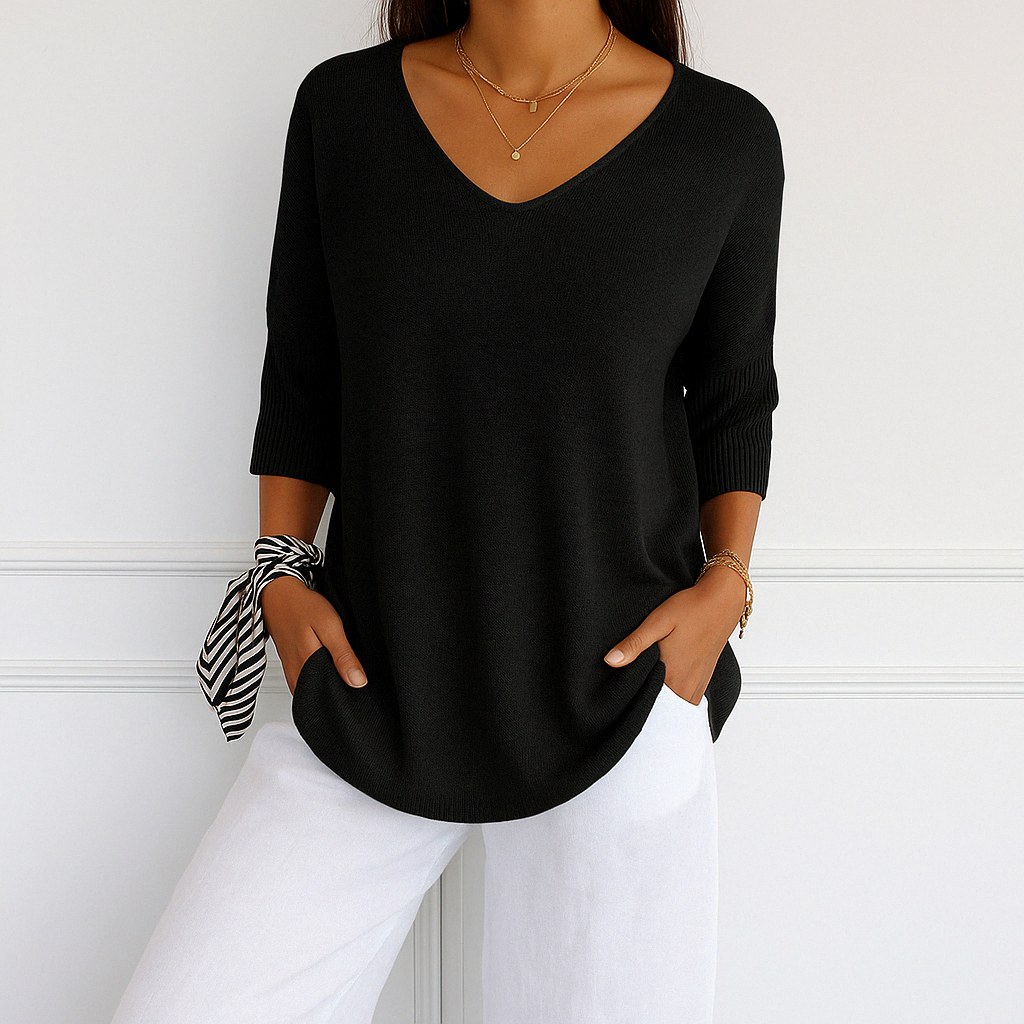 Women’s Three-Quarter Sleeve Oversized Sweater with V-Neck - 10