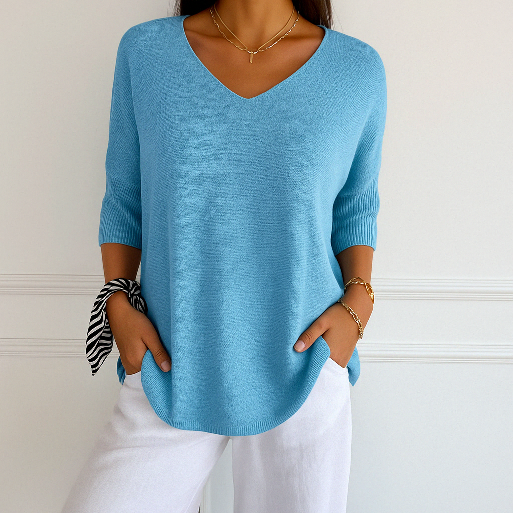 Femme Pull Manches Trois-Quarts Col V Oversize