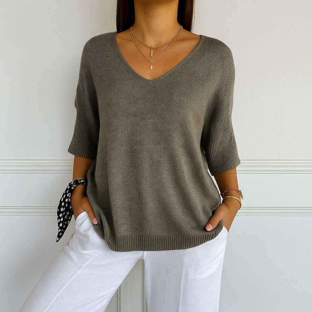 Femme Pull Manches Trois-Quarts Col V Oversize