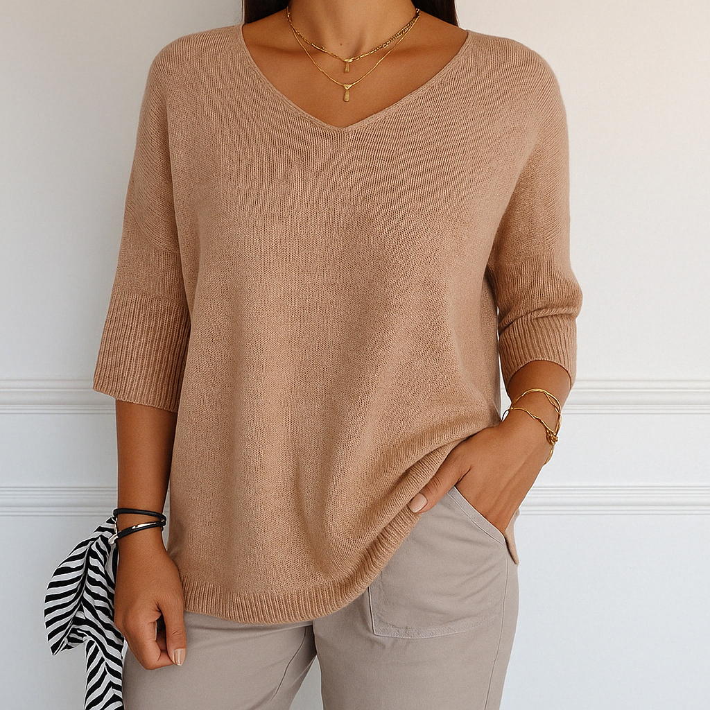Femme Pull Manches Trois-Quarts Col V Oversize