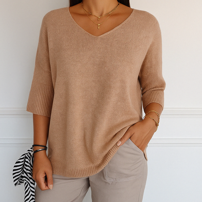 Femme Pull Manches Trois-Quarts Col V Oversize