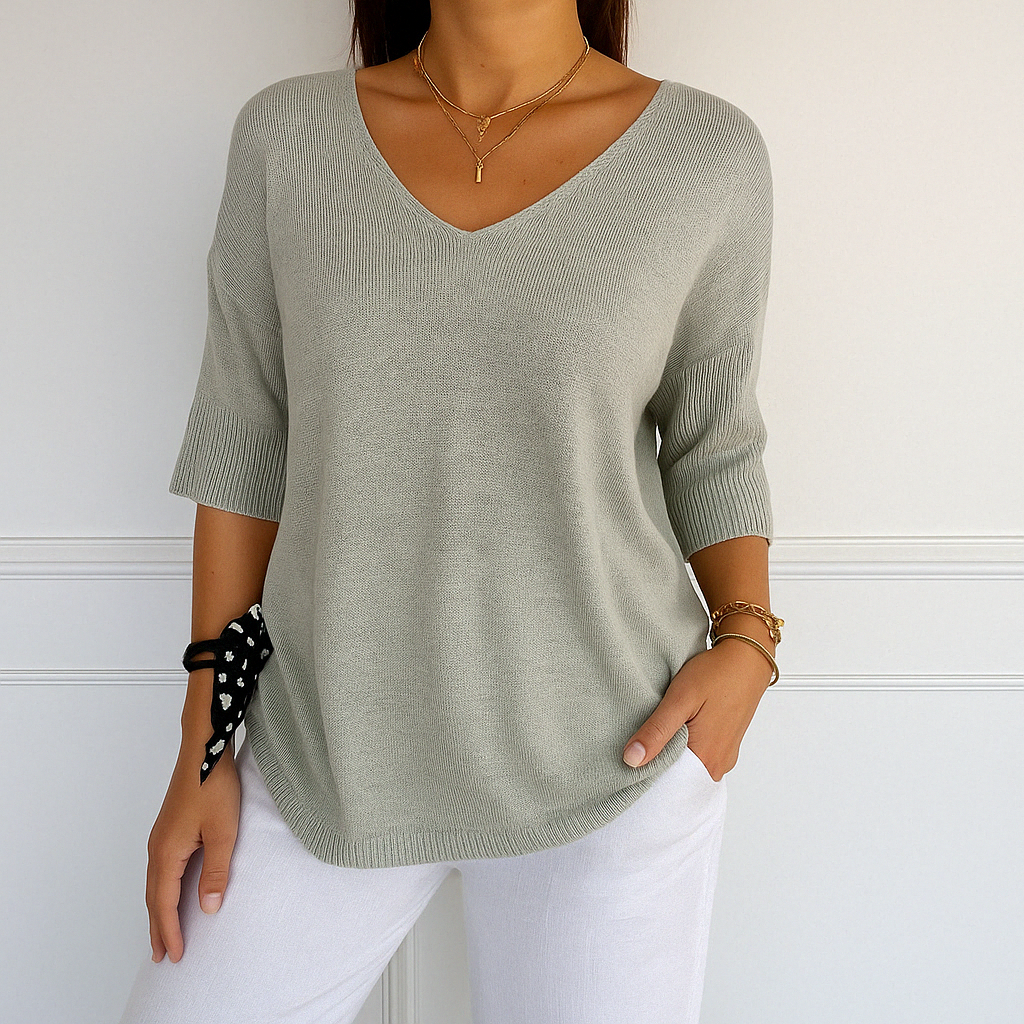 Femme Pull Manches Trois-Quarts Col V Oversize