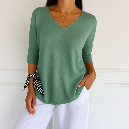 Femme Pull Manches Trois-Quarts Col V Oversize