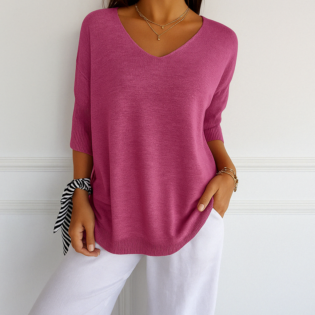 Femme Pull Manches Trois-Quarts Col V Oversize