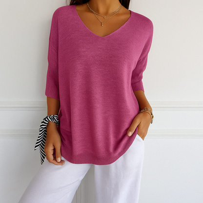 Femme Pull Manches Trois-Quarts Col V Oversize