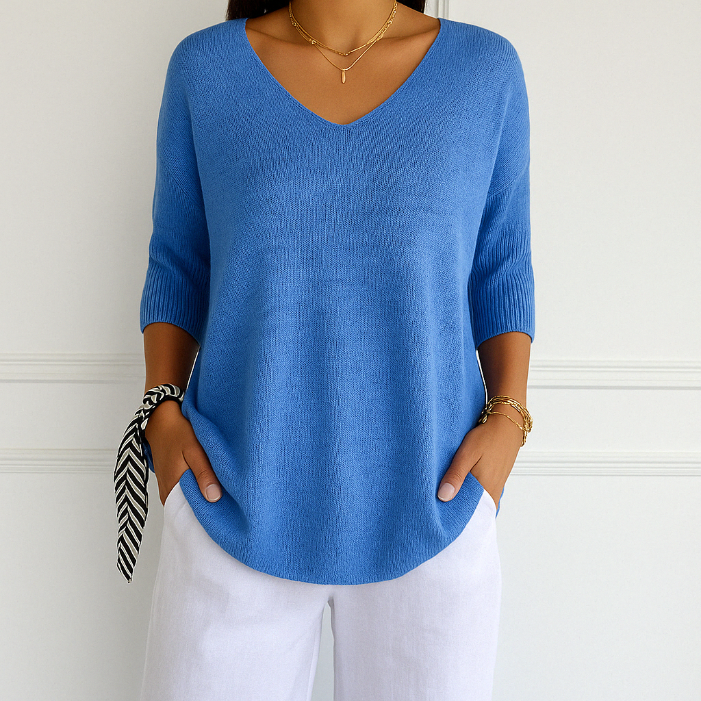 Femme Pull Manches Trois-Quarts Col V Oversize