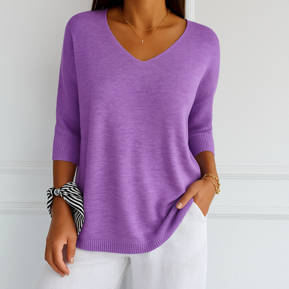 Femme Pull Manches Trois-Quarts Col V Oversize
