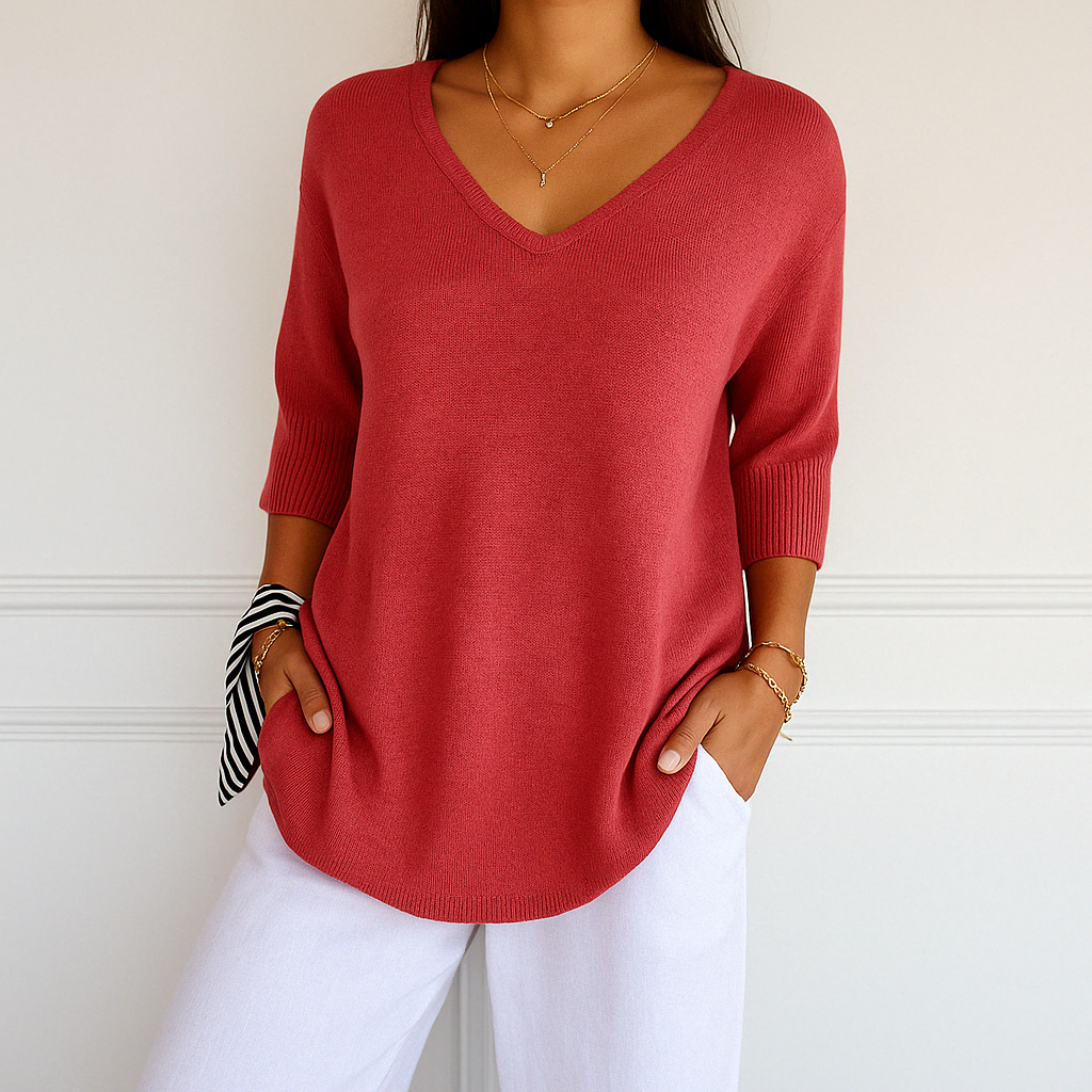 Femme Pull Manches Trois-Quarts Col V Oversize