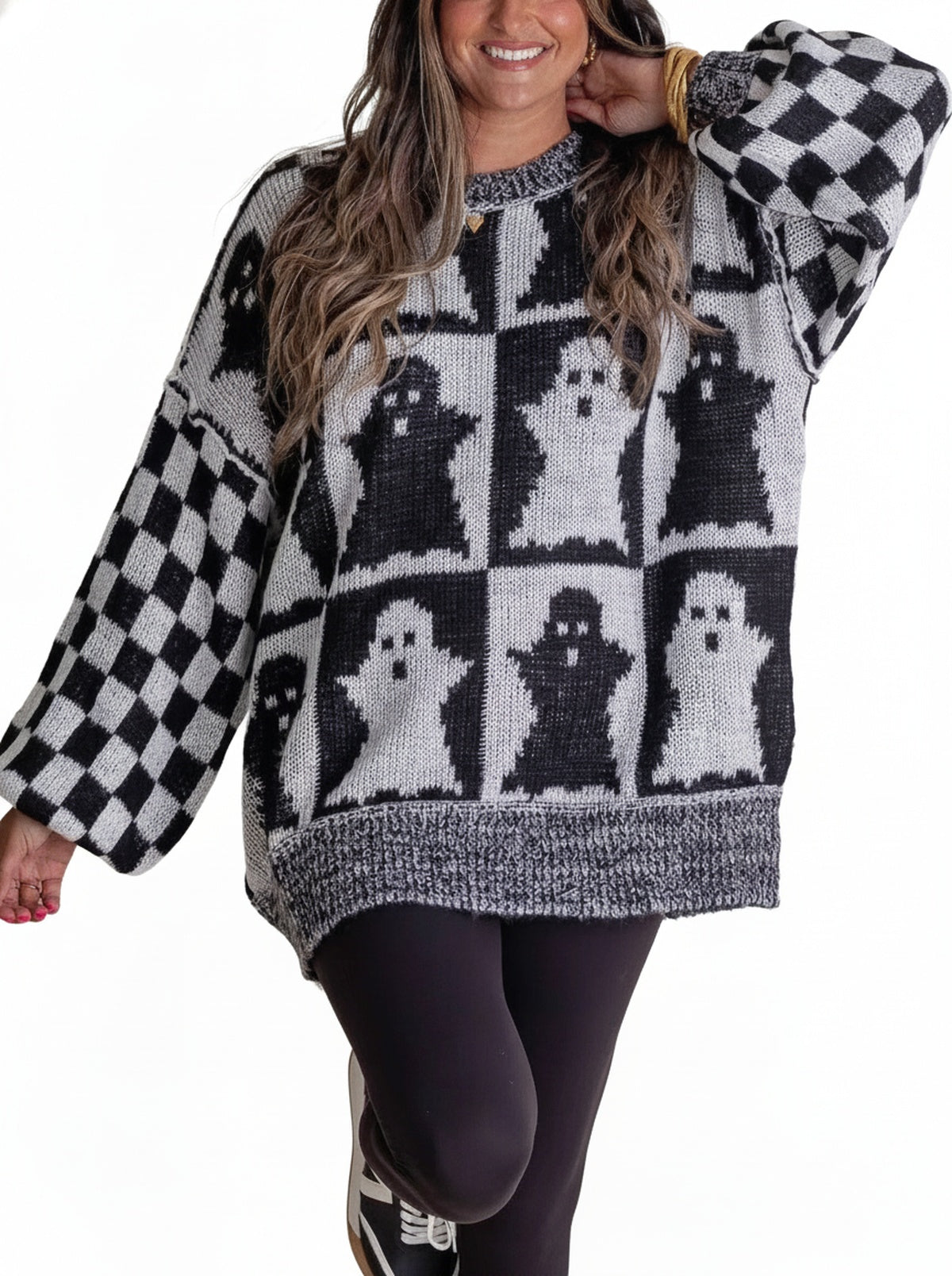 Femme Pull Oversize Halloween Motif Fantômes et Citrouilles à Col Rond