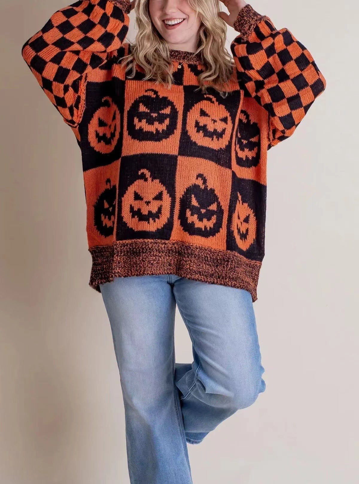 Femme Pull Oversize Halloween Motif Fantômes et Citrouilles à Col Rond