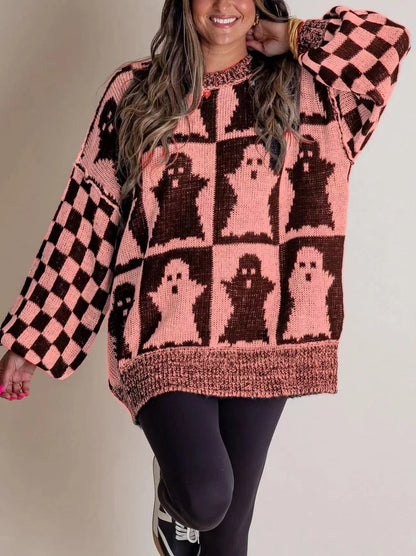 Femme Pull Oversize Halloween Motif Fantômes et Citrouilles à Col Rond
