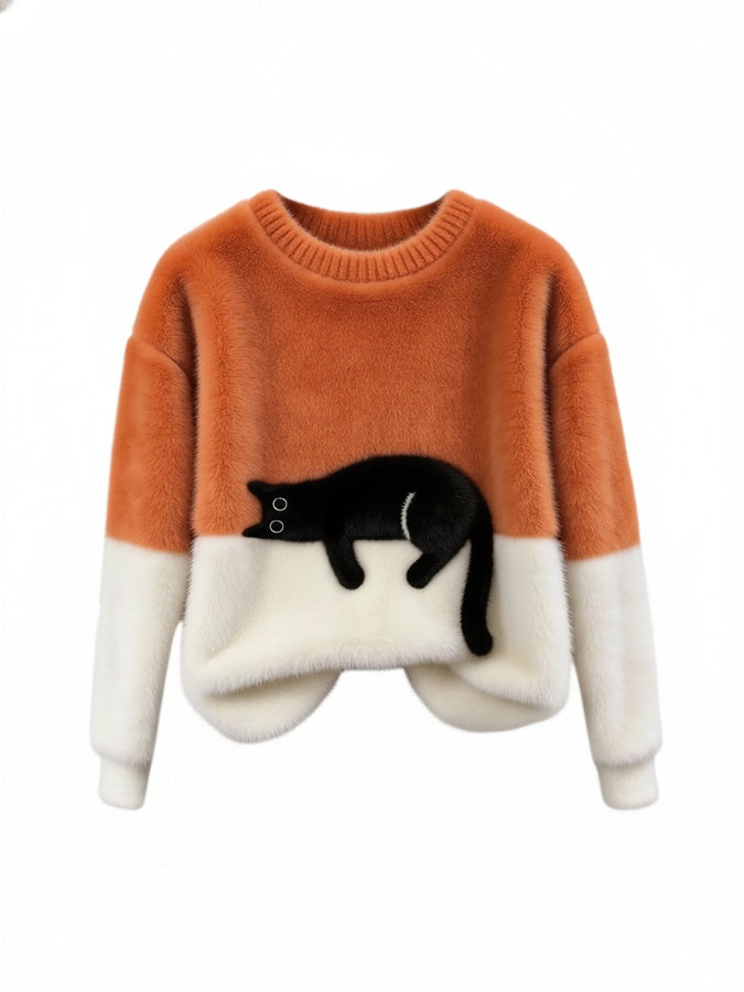 Femme Pullover col Rond avec Motif Chat et Bicolore Manches Longues