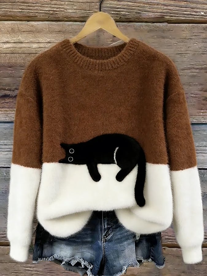 Femme Pullover col Rond avec Motif Chat et Bicolore Manches Longues