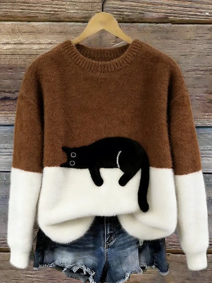 Femme Pullover col Rond avec Motif Chat et Bicolore Manches Longues