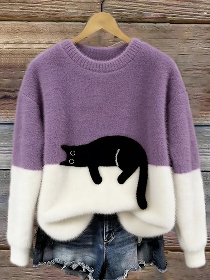 Femme Pullover col Rond avec Motif Chat et Bicolore Manches Longues