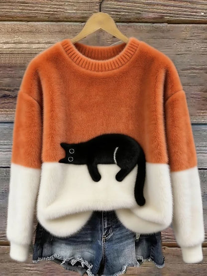 Femme Pullover col Rond avec Motif Chat et Bicolore Manches Longues