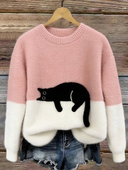 Femme Pullover col Rond avec Motif Chat et Bicolore Manches Longues