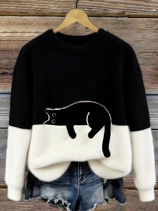 Femme Pullover col Rond avec Motif Chat et Bicolore Manches Longues