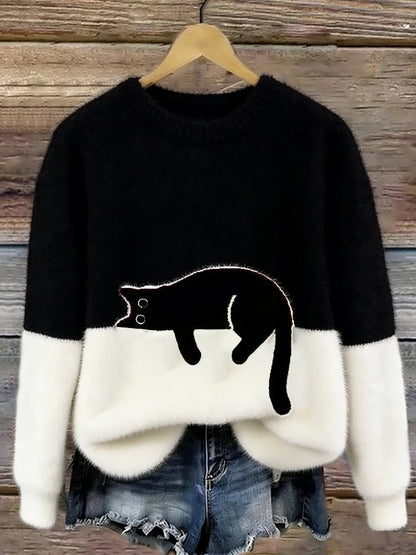 Femme Pullover col Rond avec Motif Chat et Bicolore Manches Longues