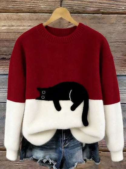 Femme Pullover col Rond avec Motif Chat et Bicolore Manches Longues
