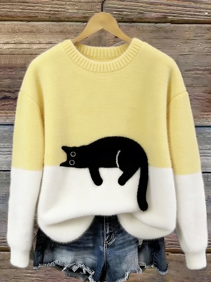 Femme Pullover col Rond avec Motif Chat et Bicolore Manches Longues