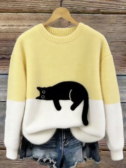 Femme Pullover col Rond avec Motif Chat et Bicolore Manches Longues