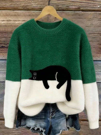 Femme Pullover col Rond avec Motif Chat et Bicolore Manches Longues