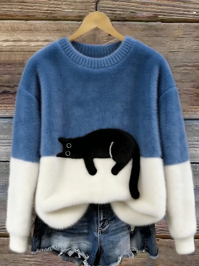Femme Pullover col Rond avec Motif Chat et Bicolore Manches Longues