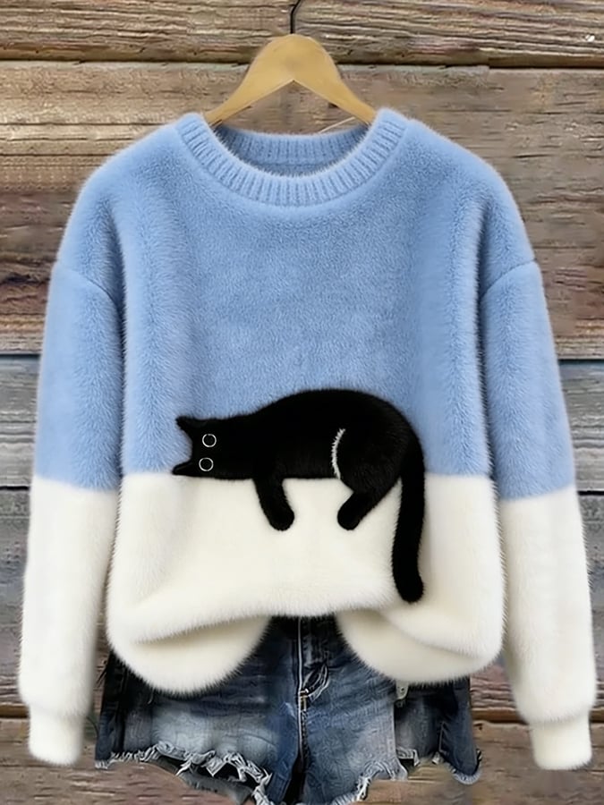 Femme Pullover col Rond avec Motif Chat et Bicolore Manches Longues