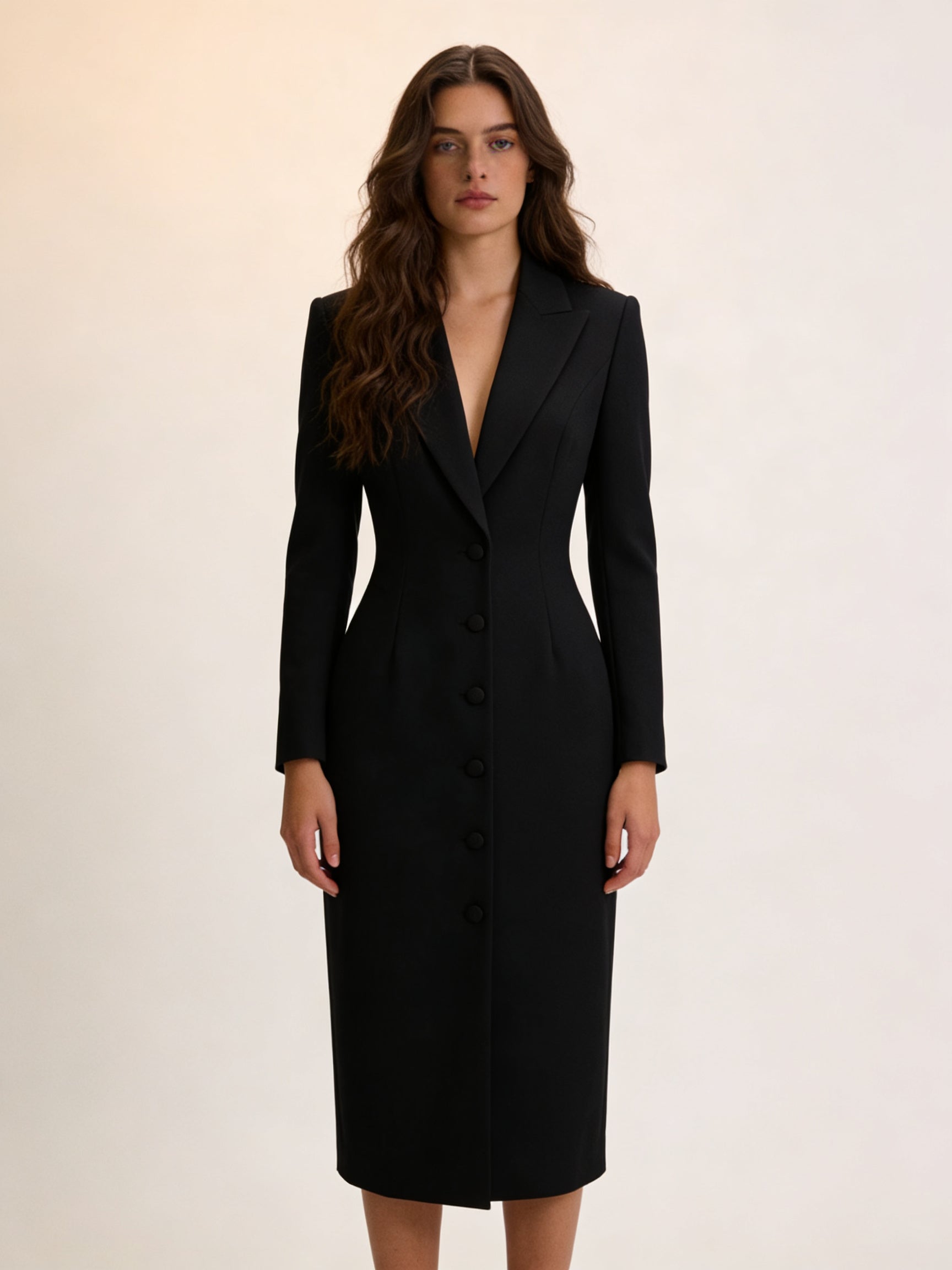 Femme Robe Blazer Manches Longues avec Revers et Fermeture Boutonnée Midi 2