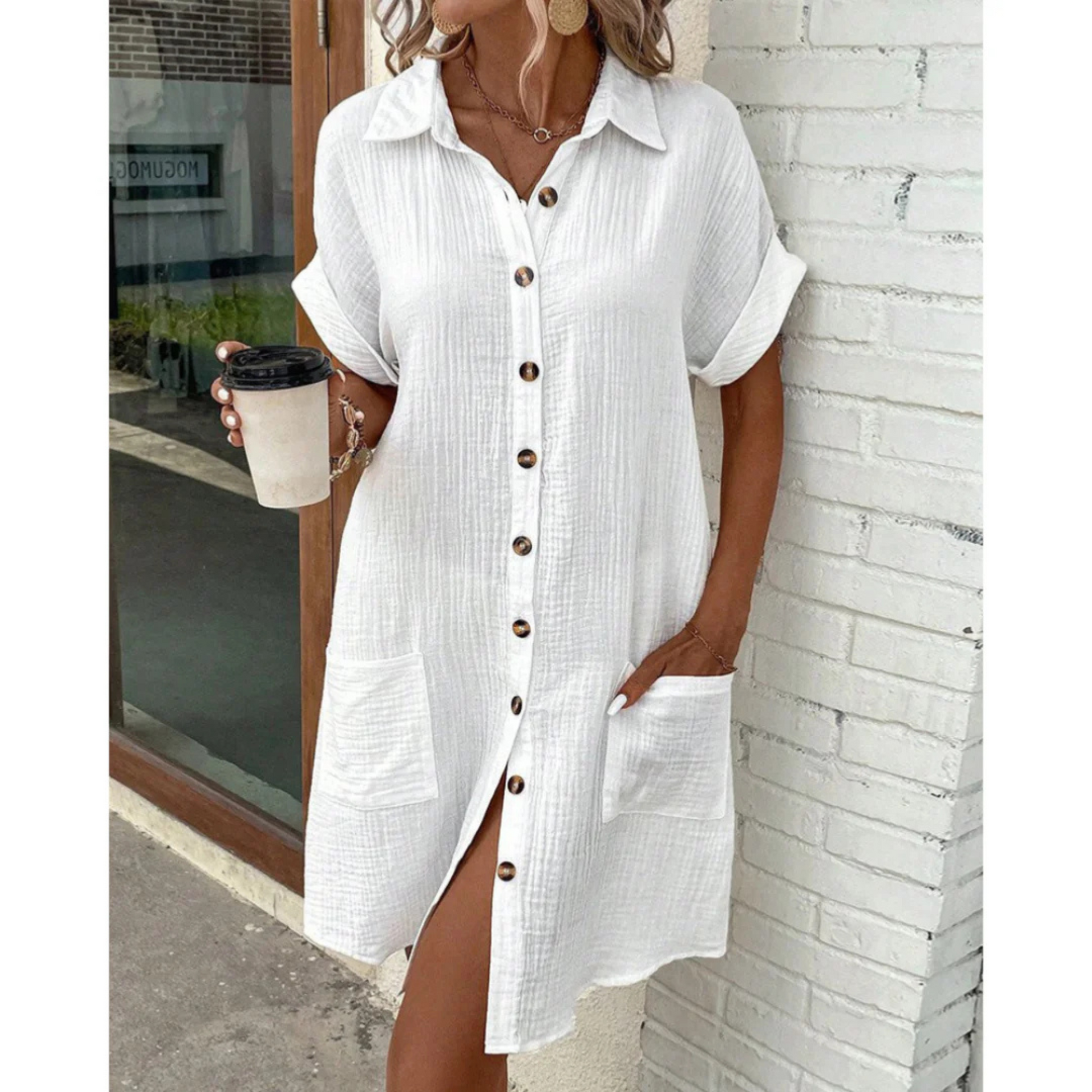 Femme Robe Chemise Courte à Boutons avec Poches Oversize