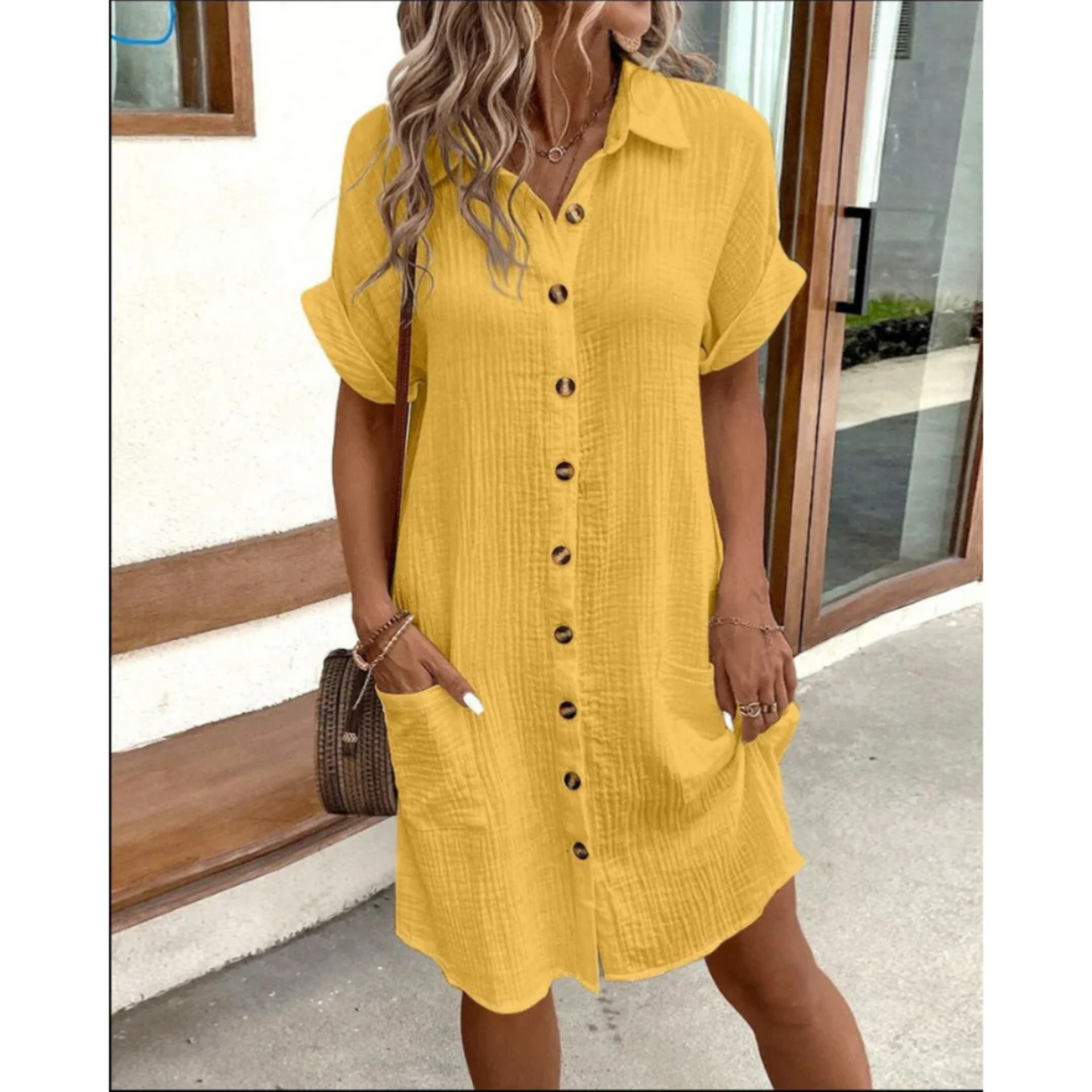 Femme Robe Chemise Courte à Boutons avec Poches Oversize