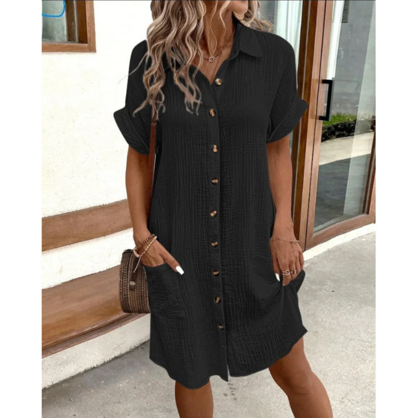 Femme Robe Chemise Courte à Boutons avec Poches Oversize