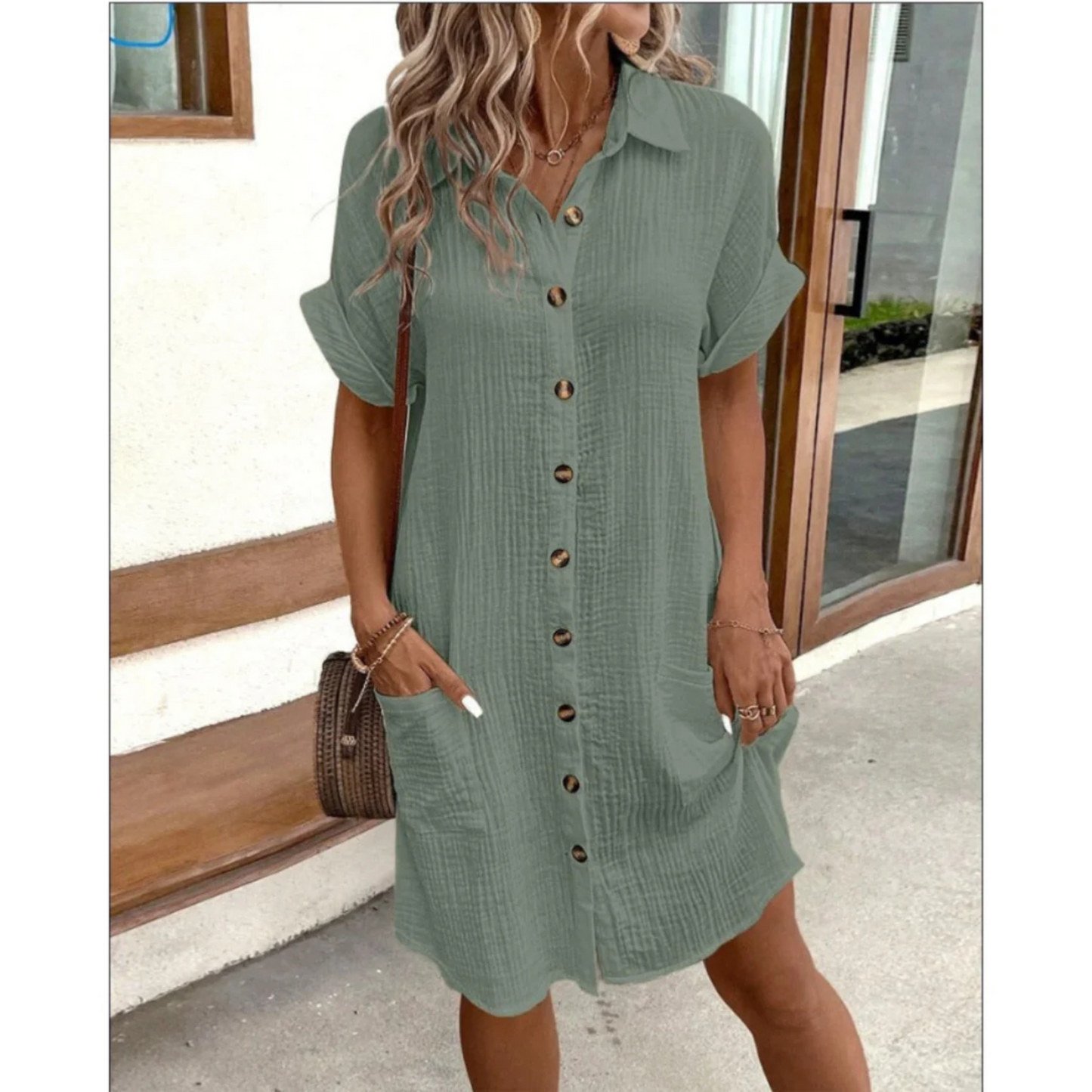 Femme Robe Chemise Courte à Boutons avec Poches Oversize