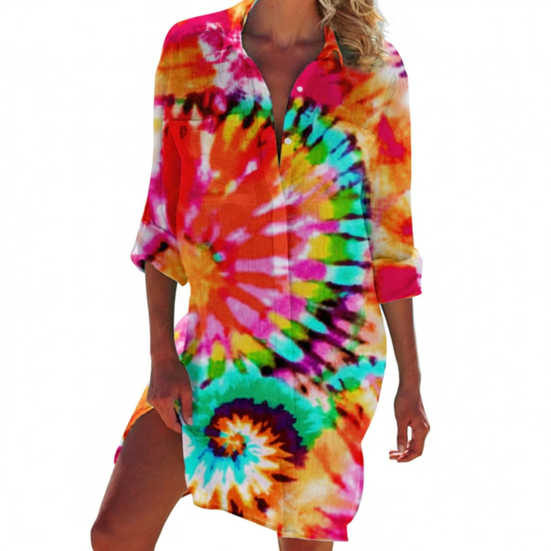 Femme Robe Chemise de Plage Longue Manche avec Col en V et Imprimé